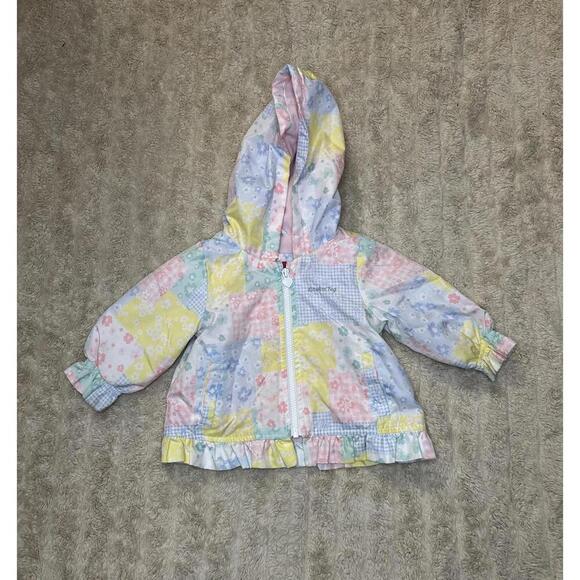 London Fog Other - London Fog multicolored patchwork zip front ruffled hooded raincoat Size 12M